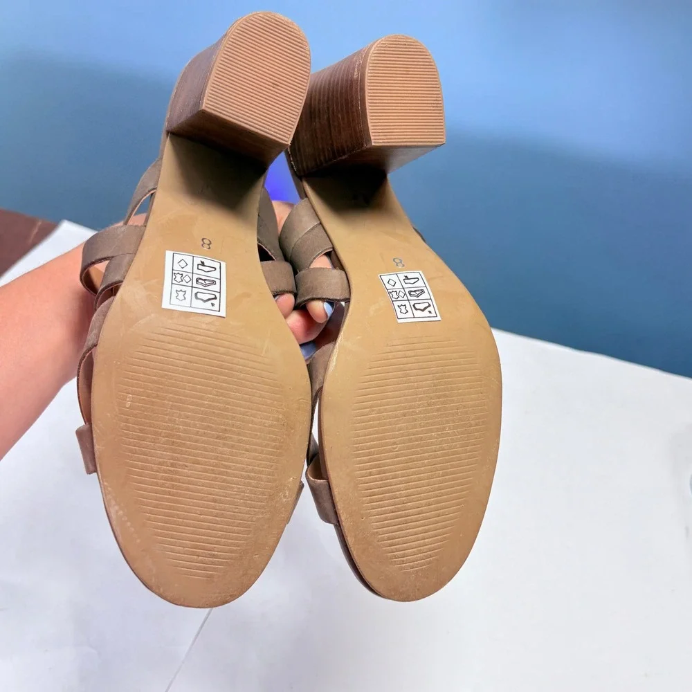 Crevo Leather Brown Strappy Block Heel Mule Sandals Size 8 Boho Coastal Vacation
